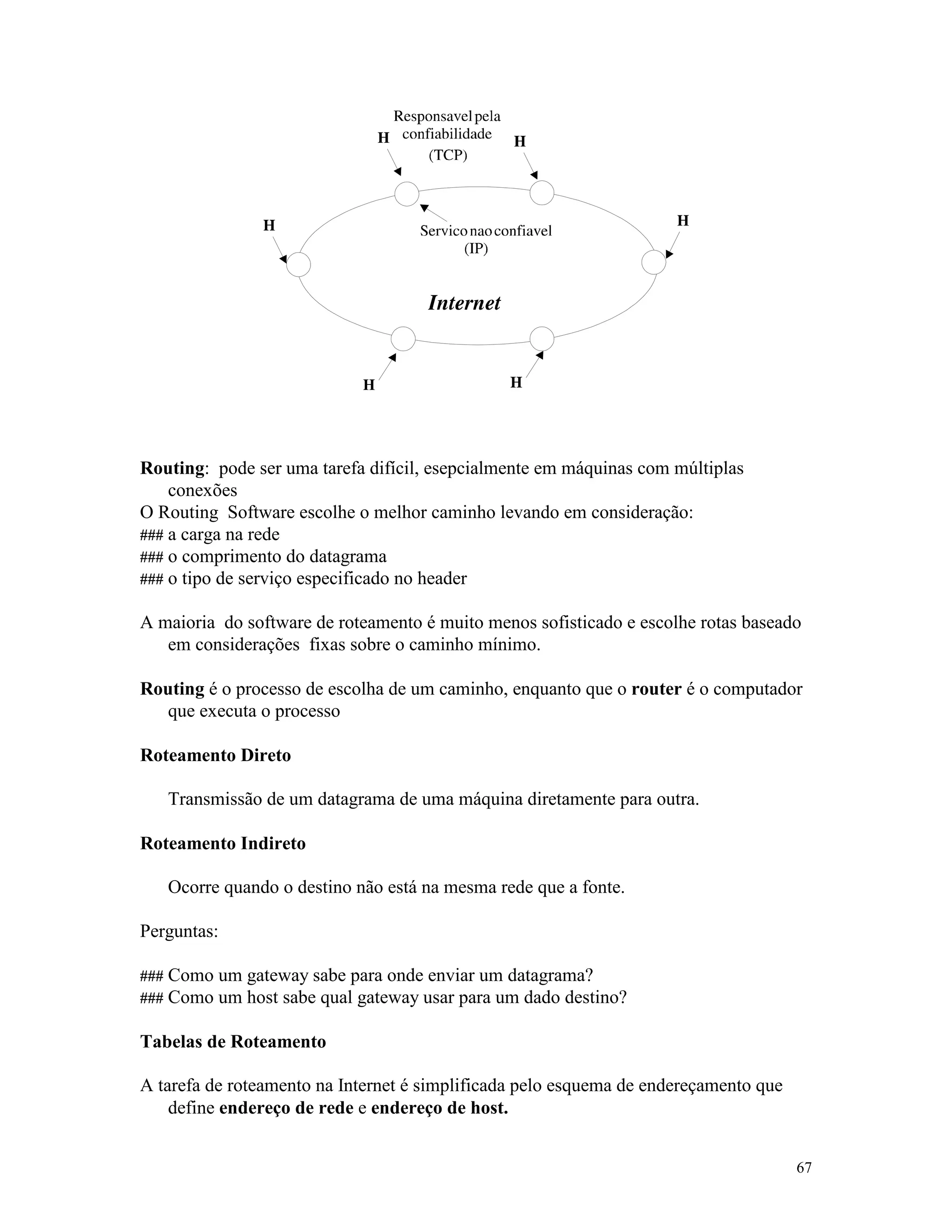 67
Routing: pode ser uma tarefa difícil, esepcialmente em máquinas com múltiplas
conexões
O Routing Software escolhe o melhor caminho levando em consideração:
### a carga na rede
### o comprimento do datagrama
### o tipo de serviço especificado no header
A maioria do software de roteamento é muito menos sofisticado e escolhe rotas baseado
em considerações fixas sobre o caminho mínimo.
Routing é o processo de escolha de um caminho, enquanto que o router é o computador
que executa o processo
Roteamento Direto
Transmissão de um datagrama de uma máquina diretamente para outra.
Roteamento Indireto
Ocorre quando o destino não está na mesma rede que a fonte.
Perguntas:
### Como um gateway sabe para onde enviar um datagrama?
### Como um host sabe qual gateway usar para um dado destino?
Tabelas de Roteamento
A tarefa de roteamento na Internet é simplificada pelo esquema de endereçamento que
define endereço de rede e endereço de host.
 