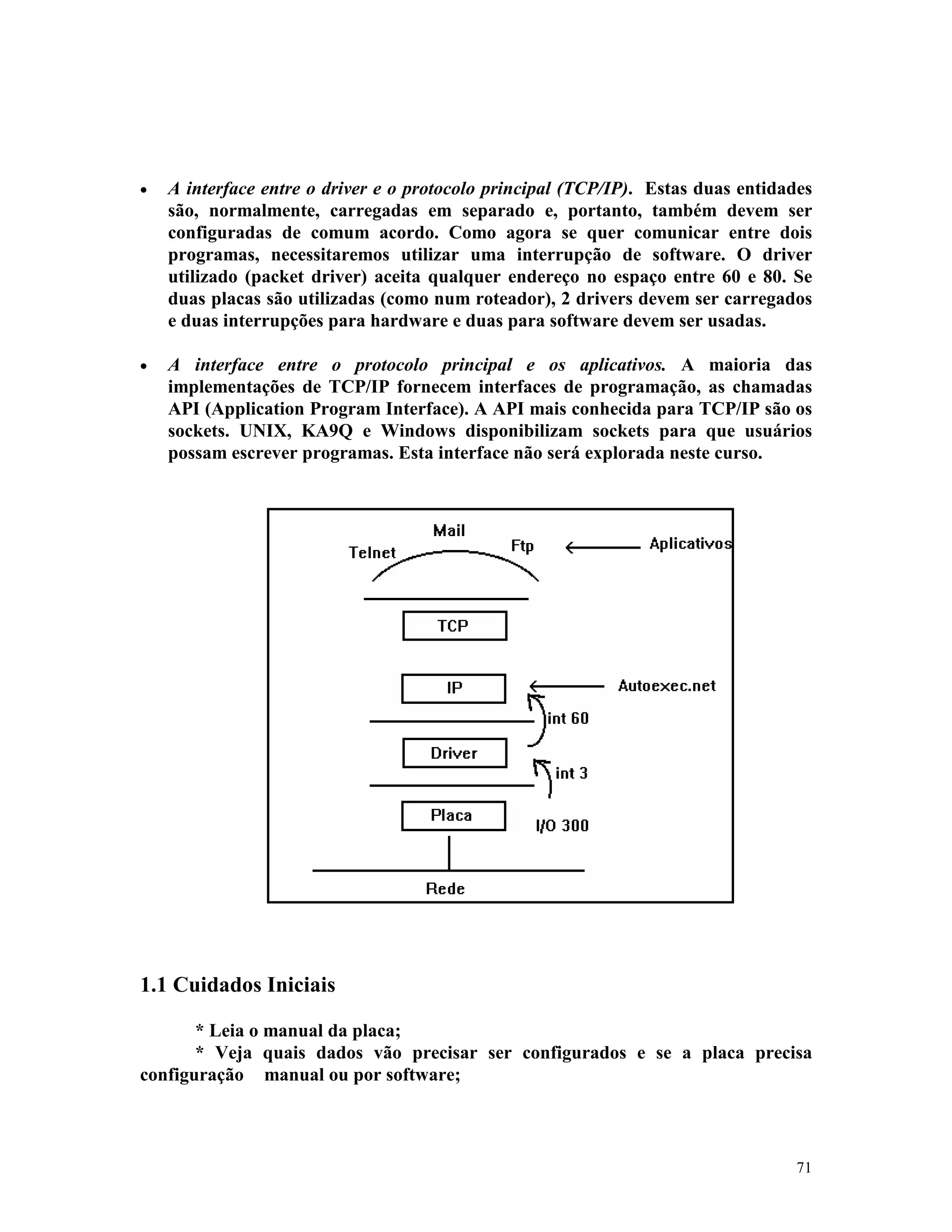 71
· A interface entre o driver e o protocolo principal (TCP/IP). Estas duas entidades
são, normalmente, carregadas em separado e, portanto, também devem ser
configuradas de comum acordo. Como agora se quer comunicar entre dois
programas, necessitaremos utilizar uma interrupção de software. O driver
utilizado (packet driver) aceita qualquer endereço no espaço entre 60 e 80. Se
duas placas são utilizadas (como num roteador), 2 drivers devem ser carregados
e duas interrupções para hardware e duas para software devem ser usadas.
· A interface entre o protocolo principal e os aplicativos. A maioria das
implementações de TCP/IP fornecem interfaces de programação, as chamadas
API (Application Program Interface). A API mais conhecida para TCP/IP são os
sockets. UNIX, KA9Q e Windows disponibilizam sockets para que usuários
possam escrever programas. Esta interface não será explorada neste curso.
1.1 Cuidados Iniciais
* Leia o manual da placa;
* Veja quais dados vão precisar ser configurados e se a placa precisa
configuração manual ou por software;
 