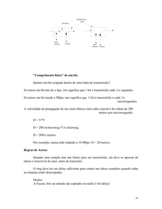 41
"Comprimento físico" de um bit.
Quanto um bit ocupada dentro de uma linha de transmissão?
Se temos um bit rate de x bps, isto significa que 1 bit é transmitido cada 1/x segundos.
Se temos um bit ratede x Mbps, isto significa que 1 bit é transmitido a cada 1/x
microsegundos.
A velocidade de propagação de um sinal elétrico num cabo coaxial é da ordem de 200
metros por microssegundo.
D = V*T
D = 200 m/microseg.*1/x microseg.
D = 200/x metros
Por exemplo, numa rede rodando a 10 Mbps: D = 20 metros.
Regras de Acesso
Quando uma estação tem um frame para ser transmitido, ela deve se apossar do
token e removê-lo do anel, antes de transmitir.
O ring deve ter um delay suficiente para conter um token completo quando todas
as estações estão desocupadas.
Modos:
A-Escuta: bits na entrada são copiados na saída (1 bit delay)
 