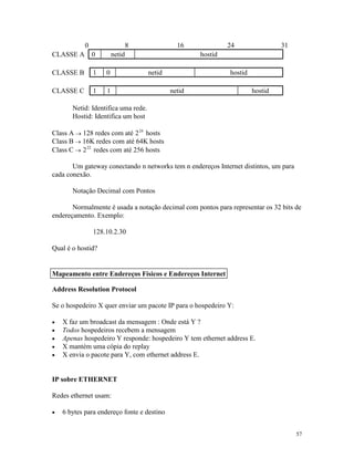 57
0 8 16 24 31
CLASSE A 0 netid hostid
CLASSE B 1 0 netid hostid
CLASSE C 1 1 netid hostid
Netid: Identifica uma rede.
Hostid: Identifica um host
Class A ® 128 redes com até 224
hosts
Class B ® 16K redes com até 64K hosts
Class C ® 222
redes com até 256 hosts
Um gateway conectando n networks tem n endereços Internet distintos, um para
cada conexão.
Notação Decimal com Pontos
Normalmente é usada a notação decimal com pontos para representar os 32 bits de
endereçamento. Exemplo:
128.10.2.30
Qual é o hostid?
Address Resolution Protocol
Se o hospedeiro X quer enviar um pacote IP para o hospedeiro Y:
· X faz um broadcast da mensagem : Onde está Y ?
· Todos hospedeiros recebem a mensagem
· Apenas hospedeiro Y responde: hospedeiro Y tem ethernet address E.
· X mantém uma cópia do replay
· X envia o pacote para Y, com ethernet address E.
IP sobre ETHERNET
Redes ethernet usam:
· 6 bytes para endereço fonte e destino
Mapeamento entre Endereços Físicos e Endereços Internet
 