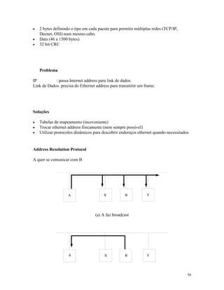 58
· 2 bytes definindo o tipo em cada pacote para permitir múltiplas redes (TCP/IP,
Decnet, OSI) num mesmo cabo.
· Data (46 a 1500 bytes)
· 32 bit CRC
Problema
IP : passa Internet address para link de dados.
Link de Dados: precisa do Ethernet address para transmitir um frame.
Soluções
· Tabelas de mapeamento (incoveniente)
· Trocar ethernet address fisicamente (nem sempre possível)
· Utilizar protocolos dinâmicos para descobrir endereços ethernet quando necessitados
Address Resolution Protocol
A quer se comunicar com B
(a) A faz broadcast
 