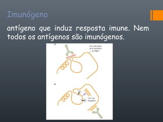 Imunógeno
antígeno que induz resposta imune. Nem
todos os antígenos são imunógenos.
 
