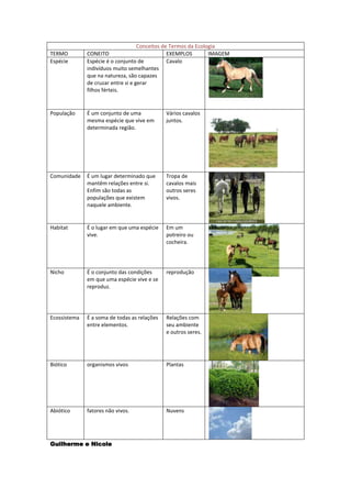 Conceitos de Termos da Ecologia
TERMO         CONEITO                           EXEMPLOS        IMAGEM
Espécie       Espécie é o conjunto de           Cavalo
              indivíduos muito semelhantes
              que na natureza, são capazes
              de cruzar entre si e gerar
              filhos férteis.


População     É um conjunto de uma            Vários cavalos
              mesma espécie que vive em       juntos.
              determinada região.




Comunidade    É um lugar determinado que      Tropa de
              mantêm relações entre si.       cavalos mais
              Enfim são todas as              outros seres
              populações que existem          vivos.
              naquele ambiente.


Habitat       É o lugar em que uma espécie    Em um
              vive.                           potreiro ou
                                              cocheira.




Nicho         É o conjunto das condições      reprodução
              em que uma espécie vive e se
              reproduz.




Ecossistema   É a soma de todas as relações   Relações com
              entre elementos.                seu ambiente
                                              e outros seres.




Biótico       organismos vivos                Plantas




Abiótico      fatores não vivos.              Nuvens




Guilherme e Nicole
 