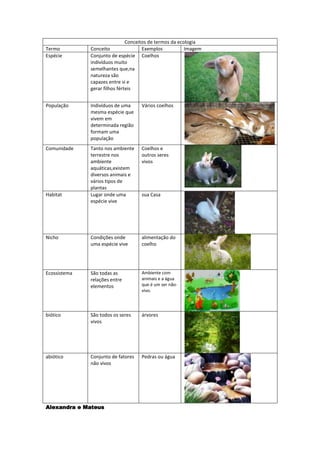 Conceitos de termos da ecologia
Termo         Conceito                Exemplos           Imagem
Espécie       Conjunto de espécie Coelhos
              indivíduos muito
              semelhantes que,na
              natureza são
              capazes entre si e
              gerar filhos férteis


População     Indivíduos de uma     Vários coelhos
              mesma espécie que
              vivem em
              determinada região
              formam uma
              população
Comunidade    Tanto nos ambiente    Coelhos e
              terrestre nos         outros seres
              ambiente              vivos
              aquáticas,existem
              diversos animais e
              vários tipos de
              plantas
Habitat       Lugar onde uma        sua Casa
              espécie vive




Nicho         Condições onde        alimentação do
              uma espécie vive      coelho




Ecossistema   São todas as          Ambiente com
              relações entre        animais e a água
              elementos             que é um ser não-
                                    vivo.




biótico       São todos os seres    árvores
              vivos




abiótico      Conjunto de fatores   Pedras ou água
              não vivos




Alexandra e Mateus
 