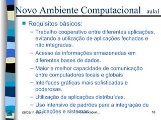 Requisitos básicos: Trabalho cooperativo entre diferentes aplicações, evitando a utilização de aplicações fechadas e não integradas. Acesso às informações armazenadas em diferentes bases de dados.   Maior e melhor capacidade de comunicação entre computadores locais e globais Interfaces gráficas mais sofisticadas e poderosas. Utilização de aplicações distribuídas. Uso intensivo de padrões para a integração de aplicações e sistemas. Novo Ambiente Computacional   aula1 