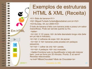 Exemplos de estruturas HTML & XML (Receita) <h1> Bolo de banana</h1> <h2> Miguel Furtado furtado@predialnet.com.br</h2> <h3>Sunday, 04 Jun 2000</h3> O bolo de banana é feito com banana prata e possui um sabor maravilhoso. Pode ser servido quente ou frio. <table> <tr><td> 3 1/2 copos <td> de leite desnatado longa vida (leite em pó não é indicado).  <tr><td> 2 colheres de sopa <td> de açúcar. <tr><td> 4 <td> bananas prata picadas em pedaços pequenos.  <tr><td> 1 colher de chá <td> canela. <tr><td> 4 pedaços <td> noz moscada. </table>Combine tudo no liquidificador e bata até misturar bem. Leve ao forno por 20 minutos. Pronto. É só servir!Receitas relacionadas:  <a href="#BoloChocolate">Bolo de Chocolate</a>  28/09/11 Conceitos de XML Em HTML 