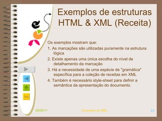 Exemplos de estruturas HTML & XML (Receita) Os exemplos mostram que:  1. As marcações são utilizadas puramente na estrutura lógica  2. Existe apenas uma única escolha do nível de detalhamento da marcação  3. Há a necessidade de uma espécie de "gramática" específica para a coleção de receitas em XML  4. Também é necessário style-sheet para definir a semântica da apresentação do documento.   28/09/11 Conceitos de XML 