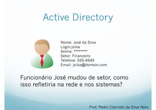 Active Directory
Prof. Pedro Clarindo da Silva Neto
Nome: José da Silva
Login:jsilva
Senha: ********
Setor: Financeiro
Telefone: 555-4545
Email: jsilva@domain.com
Funcionário José mudou de setor, como
isso refletiria na rede e nos sistemas?
 