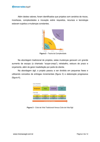 Página 2 de 12www.imersaoagil.com.br
Além destes valores, foram identificados que projetos com cenários de riscos,
incertezas, complexidades e inovação sobre requisitos, recursos e tecnologia
estavam sujeitos a mudanças constantes.
Figura 2 – Teoria da Complexidade
Na abordagem tradicional de projetos, estas mudanças geravam um grande
aumento de escopo (o chamado “scope-creep”), retrabalho, estouro de prazo e
orçamento, além de gerar insatisfação por parte do cliente.
Na abordagem ágil, o projeto passou a ser dividido em pequenas fases e
utilizando conceitos de entregas incrementais (figura 3) e elaboração progressiva
(figura 4).
Figura 3 – Ciclo de Vida Tradicional Versus Ciclo de Vida Ágil
 