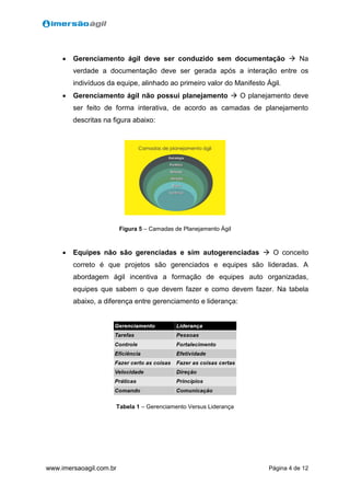 Página 4 de 12www.imersaoagil.com.br
 Gerenciamento ágil deve ser conduzido sem documentação  Na
verdade a documentação deve ser gerada após a interação entre os
indivíduos da equipe, alinhado ao primeiro valor do Manifesto Ágil.
 Gerenciamento ágil não possui planejamento  O planejamento deve
ser feito de forma interativa, de acordo as camadas de planejamento
descritas na figura abaixo:
Figura 5 – Camadas de Planejamento Ágil
 Equipes não são gerenciadas e sim autogerenciadas  O conceito
correto é que projetos são gerenciados e equipes são lideradas. A
abordagem ágil incentiva a formação de equipes auto organizadas,
equipes que sabem o que devem fazer e como devem fazer. Na tabela
abaixo, a diferença entre gerenciamento e liderança:
Tabela 1 – Gerenciamento Versus Liderança
 