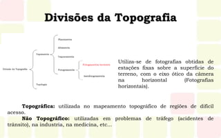 Divisões da Topografia
Utiliza-se de fotografias obtidas de
estações fixas sobre a superfície do
terreno, com o eixo ótico da câmera
na horizontal (Fotografias
horizontais).
Topográfica: utilizada no mapeamento topográfico de regiões de difícil
acesso.
Não Topográfico: utilizadas em problemas de tráfego (acidentes de
trânsito), na industria, na medicina, etc...
 
