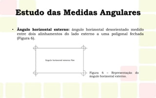 Estudo das Medidas Angulares
• Ângulo horizontal externo: ângulo horizontal desorientado medido
entre dois alinhamentos do lado externo a uma poligonal fechada
(Figura 6).
Figura 6 – Representação do
ângulo horizontal externo.
 