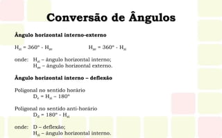 Conversão de Ângulos
Ângulo horizontal interno-externo
Hzi = 360º - Hze Hze = 360º - Hzi
onde: Hzi – ângulo horizontal interno;
Hze – ângulo horizontal externo.
Ângulo horizontal interno – deflexão
Poligonal no sentido horário
De = Hzi – 180º
Poligonal no sentido anti-horário
Dd = 180º - Hzi
onde: D – deflexão;
Hzi – ângulo horizontal interno.
 