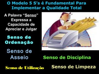 O Modelo 5 S’s é Fundamental ParaO Modelo 5 S’s é Fundamental Para
Implementar a Qualidade TotalImplementar a Qualidade Total
A Palavra “A Palavra “SensoSenso””
Expressa aExpressa a
Capacidade deCapacidade de
Apreciar e JulgarApreciar e Julgar
Senso de UtilizaçãoSenso de Utilização
Senso deSenso de
OrdenaçãoOrdenação
Senso de LimpezaSenso de Limpeza
Senso deSenso de
AsseioAsseio Senso de DisciplinaSenso de Disciplina
 