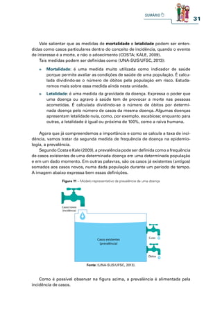 31
Vale salientar que as medidas de mortalidade e letalidade podem ser enten-
didas como casos particulares dentro do conceito de incidência, quando o evento
de interesse é a morte, e não o adoecimento (COSTA; KALE, 2009).
Tais medidas podem ser definidas como (UNA-SUS/UFSC, 2013):
Agora que já compreendemos a importância e como se calcula a taxa de inci-
dência, vamos tratar da segunda medida de frequência de doença na epidemio-
logia, a prevalência.
Segundo Costa e Kale (2009), a prevalência pode ser definida como a frequência
de casos existentes de uma determinada doença em uma determinada população
e em um dado momento. Em outras palavras, são os casos já existentes (antigos)
somados aos casos novos, numa dada população durante um período de tempo.
A imagem abaixo expressa bem essas definições.
Como é possível observar na figura acima, a prevalência é alimentada pela
incidência de casos.
» Mortalidade: é uma medida muito utilizada como indicador de saúde
porque permite avaliar as condições de saúde de uma população. É calcu-
lada dividindo-se o número de óbitos pela população em risco. Estuda-
remos mais sobre essa medida ainda nesta unidade.
» Letalidade: é uma medida da gravidade da doença. Expressa o poder que
uma doença ou agravo à saúde tem de provocar a morte nas pessoas
acometidas. É calculada dividindo-se o número de óbitos por determi-
nada doença pelo número de casos da mesma doença. Algumas doenças
apresentam letalidade nula, como, por exemplo, escabiose; enquanto para
outras, a letalidade é igual ou próxima de 100%, como a raiva humana.
Figura 11 – Modelo representativo da prevalência de uma doença
Fonte: (UNA-SUS/UFSC, 2013).
Casos novos
(incidência)
Casos existentes
(prevalência)
Curas
Óbitos
 
