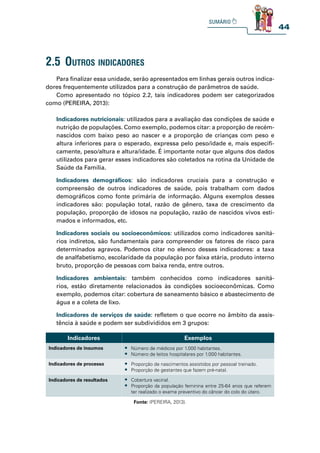 44
Para finalizar essa unidade, serão apresentados em linhas gerais outros indica-
dores frequentemente utilizados para a construção de parâmetros de saúde.
Como apresentado no tópico 2.2, tais indicadores podem ser categorizados
como (PEREIRA, 2013):
Indicadores nutricionais: utilizados para a avaliação das condições de saúde e
nutrição de populações. Como exemplo, podemos citar: a proporção de recém-
nascidos com baixo peso ao nascer e a proporção de crianças com peso e
altura inferiores para o esperado, expressa pelo peso/idade e, mais especifi-
camente, peso/altura e altura/idade. É importante notar que alguns dos dados
utilizados para gerar esses indicadores são coletados na rotina da Unidade de
Saúde da Família.
Indicadores demográficos: são indicadores cruciais para a construção e
compreensão de outros indicadores de saúde, pois trabalham com dados
demográficos como fonte primária de informação. Alguns exemplos desses
indicadores são: população total, razão de gênero, taxa de crescimento da
população, proporção de idosos na população, razão de nascidos vivos esti-
mados e informados, etc.
Indicadores sociais ou socioeconômicos: utilizados como indicadores sanitá-
rios indiretos, são fundamentais para compreender os fatores de risco para
determinados agravos. Podemos citar no elenco desses indicadores: a taxa
de analfabetismo, escolaridade da população por faixa etária, produto interno
bruto, proporção de pessoas com baixa renda, entre outros.
Indicadores ambientais: também conhecidos como indicadores sanitá-
rios, estão diretamente relacionados às condições socioeconômicas. Como
exemplo, podemos citar: cobertura de saneamento básico e abastecimento de
água e a coleta de lixo.
Indicadores de serviços de saúde: refletem o que ocorre no âmbito da assis-
tência à saúde e podem ser subdivididos em 3 grupos:
2.5 outros indiCadores
Indicadores Exemplos
Indicadores de insumos t Número de médicos por 1.000 habitantes.
t Número de leitos hospitalares por 1.000 habitantes.
Indicadores de processo t Proporção de nascimentos assistidos por pessoal treinado.
t Proporção de gestantes que fazem pré-natal.
Indicadores de resultados t Cobertura vacinal.
t Proporção da população feminina entre 25-64 anos que referem
ter realizado o exame preventivo do câncer do colo do útero.
Fonte: (PEREIRA, 2013).
 