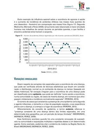 50
Outro exemplo da influência sazonal sobre a ocorrência de agravos à saúde
é o aumento da incidência de acidentes ofídicos nos meses mais quentes do
ano (dezembro - fevereiro) em comparação aos meses frios (figura 17). Segundo
Medronho,Werneck e Perez (2009), tal aumento está relacionado à maior atividade
humana nos trabalhos de campo durante os períodos quentes, o que facilita o
encontro acidental entre homem e serpente.
Figura 17 – Número de acidentes ofídicos registrados por mês durante o período de 2010-2012, Brasil
4.000
3.500
3.000
2.500
2.000
1.500
1.000
500
0
Nº
acidentes
ofídicos
/
Brasil
Jan
Fev
Mar
Abr
Mai
Jun
Jul
Ago
Set
Out
Nov
Dez
Jan
Fev
Mar
Abr
Mai
Jun
Jul
Ago
Set
Out
Nov
Dez
Jan
Fev
Mar
Abr
Mai
Jun
Jul
Ago
Set
Out
Nov
Dez
2010-2012
Fonte: (BRASIL, c2008).
Dizem respeito às variações não esperadas para a ocorrência de uma doença,
que pode ser verificada através de técnicas estatísticas que levam em conside-
ração a distribuição normal ou já conhecida da doença no tempo (baseada em
dados históricos). Tal variação irregular para a ocorrência de uma doença pode
ser classificada como epidemia, que pode ser definida “como sendo a ocorrência,
numa comunidade ou região, de casos da mesma doença, em números que ultra-
passam nitidamente a incidência normalmente esperada” (PEREIRA, 2013).
O número de casos que caracteriza a presença de uma epidemia varia segundo
o agente infeccioso, o tamanho e o tipo da população exposta, a sua experiência
prévia com a doença, e o tempo e o lugar da ocorrência (PEREIRA, 2013).
Diferentemente do conceito de epidemia, o termo endemia refere-se à:
“presença constante de uma doença dentro dos limites esperados, em uma
determinada área geográfica, por um período de tempo ilimitado” (MEDRONHO;
WERNECK; PEREZ, 2009).
Esse fenômeno acontece quando há uma constante renovação de susceptí-
veis na comunidade e exposições múltiplas e repetidas destes a um determinado
agente. Como exemplo, podemos citar a endemia da malária na Região Norte do
Brasil (MEDRONHO; WERNECK; PEREZ, 2009).
variações irregulares
 