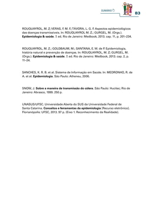 83
ROUQUAYROL, M. Z; VERAS, F
. M. F
.;TÁVORA, L. G. F
. Aspectos epidemiológicos
das doenças transmissíveis. In: ROUQUAYROL M. Z.; GURGEL, M. (Orgs.).
Epidemiologia  saúde. 7. ed. Rio de Janeiro: Medbook, 2013. cap. 11, p. 201–234.
ROUQUAYROL, M. Z.; GOLDBAUM, M.; SANTANA, E. W. de P
. Epidemiologia,
história natural e prevenção de doenças. In: ROUQUAYROL, M. Z; GURGEL, M.
(Orgs.). Epidemiologia  saúde. 7. ed. Rio de Janeiro: Medbook, 2013. cap. 2, p.
11–24.
SANCHES, K. R. B. et al. Sistema de Informação em Saúde. In: MEDRONHO, R. de
A. et al. Epidemiologia. São Paulo: Atheneu, 2006.
SNOW, J. Sobre a maneira de transmissão do cólera. São Paulo: Hucitec; Rio de
Janeiro: Abrasco, 1999. 250 p.
UNASUS/UFSC. Universidade Aberta do SUS da Universidade Federal de
Santa Catarina. Conceitos e ferramentas da epidemiologia [Recurso eletrônico].
Florianópolis: UFSC, 2013. 97 p. (Eixo 1. Reconhecimento da Realidade).
 