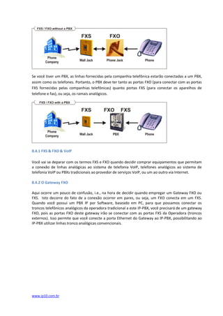Se você tiver um PBX, as linhas fornecidas pela companhia telefônica estarão conectadas a um PBX,
assim como os telefones. Portanto, o PBX deve ter tanto as portas FXO (para conectar com as portas
FXS fornecidas pelas companhias telefônicas) quanto portas FXS (para conectar os aparelhos de
telefone e fax), ou seja, os ramais analógicos.




8.4.1 FXS & FXO & VoIP

Você vai se deparar com os termos FXS e FXO quando decidir comprar equipamentos que permitam
a conexão de linhas analógicas ao sistema de telefonia VoIP, telefones analógicos ao sistema de
telefonia VoIP ou PBXs tradicionais ao provedor de serviços VoIP, ou um ao outro via Internet.

8.4.2 O Gateway FXO

Aqui ocorre um pouco de confusão, i.e., na hora de decidir quando empregar um Gateway FXO ou
FXS. Isto decorre do fato de a conexão ocorrer em pares, ou seja, um FXO conecta em um FXS.
Quando você possui um PBX IP por Software, baseado em PC, para que possamos conectar os
troncos telefônicos analógicos da operadora tradicional a este IP-PBX, você precisará de um gateway
FXO, pois as portas FXO deste gateway irão se conectar com as portas FXS da Operadora (troncos
externos). Isso permite que você conecte a porta Ethernet do Gateway ao IP-PBX, possibilitando ao
IP-PBX utilizar linhas tronco analógicas convencionais.




www.ip10.com.br
 