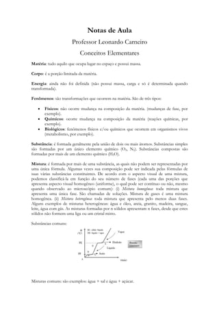 Notas de Aula
                       Professor Leonardo Carneiro
                            Conceitos Elementares
Matéria: tudo aquilo que ocupa lugar no espaço e possui massa.

Corpo: é a porção limitada da matéria.

Energia: ainda não foi definida (não possui massa, carga e só é determinada quando
transformada).

Fenômenos: são transformações que ocorrem na matéria. São de três tipos:

   •   Físicos: não ocorre mudança na composição da matéria. (mudanças de fase, por
       exemplo).
   •   Químicos: ocorre mudança na composição da matéria (reações químicas, por
       exemplo).
   •   Biológicos: fenômenos físicos e/ou químicos que ocorrem em organismos vivos
       (metabolismo, por exemplo).

Substância: é formada geralmente pela união de dois ou mais átomos. Substâncias simples
são formadas por um único elemento químico (O2, N2). Substâncias compostas são
formadas por mais de um elemento químico (H2O).

Mistura: é formada por mais de uma substância, as quais não podem ser representadas por
uma única fórmula. Algumas vezes sua composição pode ser indicada pelas fórmulas de
suas várias substâncias constituintes. De acordo com o aspecto visual de uma mistura,
podemos classificá-la em função do seu número de fases (cada uma das porções que
apresenta aspecto visual homogêneo (uniforme), o qual pode ser contínuo ou não, mesmo
quando observado ao microscópio comum): (i) Mistura homogênea: toda mistura que
apresenta uma única fase. São chamadas de soluções. Mistura de gases é uma mistura
homogênea. (ii) Mistura heterogênea: toda mistura que apresenta pelo menos duas fases.
Alguns exemplos de misturas heterogêneas: água e óleo, areia, granito, madeira, sangue,
leite, água com gás. As misturas formadas por n sólidos apresentam n fases, desde que estes
sólidos não formem uma liga ou um cristal misto.

Substâncias comuns:




Misturas comuns: são exemplos: água + sal e água + açúcar.
 