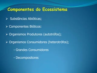 Ecossistema=Biótopo (fatores abióticos)+Biocenose (seres vivos)