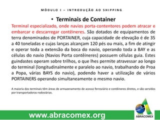 M Ó D U L O I – I N T R O D U Ç Ã O A O S H I P P I N G 
• Terminais de Container 
Terminal especializado, onde navios porta-contentores podem atracar e 
embarcar e descarregar contêineres. São dotados de equipamentos de 
terra denominados de PORTAINER, cuja capacidade de elevação é de 35 
a 40 toneladas e cujas lanças alcançam 120 pés ou mais, a fim de atingir 
e operar toda a extensão da boca do navio, operando toda a BAY e as 
células do navio (Navios Porta contêineres) possuem células guia. Estes 
guindastes operam sobre trilhos, o que lhes permite atravessar ao longo 
do terminal (longitudinalmente e paralelo ao navio, trabalhando de Proa 
a Popa, várias BAYS do navio), podendo haver a utilização de vários 
PORTAINERS operando simultaneamente o mesmo navio. 
A maioria dos terminais têm áreas de armazenamento de acesso ferroviário e contêineres diretos, e são servidos 
por transportadoras rodoviárias. 
 