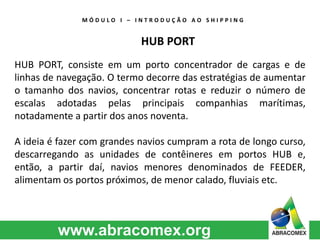 M Ó D U L O I – I N T R O D U Ç Ã O A O S H I P P I N G 
HUB PORT 
HUB PORT, consiste em um porto concentrador de cargas e de 
linhas de navegação. O termo decorre das estratégias de aumentar 
o tamanho dos navios, concentrar rotas e reduzir o número de 
escalas adotadas pelas principais companhias marítimas, 
notadamente a partir dos anos noventa. 
A ideia é fazer com grandes navios cumpram a rota de longo curso, 
descarregando as unidades de contêineres em portos HUB e, 
então, a partir daí, navios menores denominados de FEEDER, 
alimentam os portos próximos, de menor calado, fluviais etc. 
 
