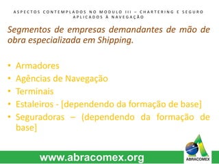 A S P E C T O S C O N T E M P L A D O S N O M O D U L O I I I – C H A R T E R I N G E S E G U R O 
A P L I C A D O S À N A V E G A Ç Ã O 
Segmentos de empresas demandantes de mão de 
obra especializada em Shipping. 
• Armadores 
• Agências de Navegação 
• Terminais 
• Estaleiros - [dependendo da formação de base] 
• Seguradoras – (dependendo da formação de 
base] 
 