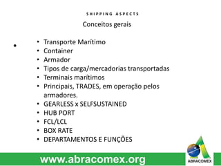 S H I P P I N G A S P E C T S 
• 
Conceitos gerais 
• Transporte Marítimo 
• Container 
• Armador 
• Tipos de carga/mercadorias transportadas 
• Terminais marítimos 
• Principais, TRADES, em operação pelos 
armadores. 
• GEARLESS x SELFSUSTAINED 
• HUB PORT 
• FCL/LCL 
• BOX RATE 
• DEPARTAMENTOS E FUNÇÕES 
 