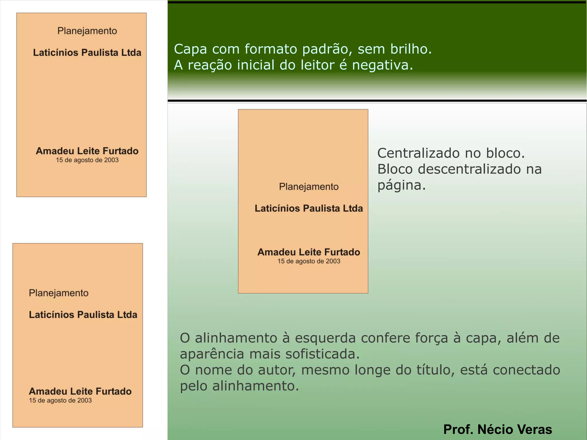 Capa com formato padrão, sem brilho.
A reação inicial do leitor é negativa.




                             Centralizado no bloco.
                             Bloco descentralizado na
                             página.




O alinhamento à esquerda confere força à capa, além de
aparência mais sofisticada.
O nome do autor, mesmo longe do título, está conectado
pelo alinhamento.


                                         Prof. Nécio Veras
 