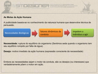 As Molas da Ação Humana
A publicidade baseia-se no conhecimento da natureza humana que desenvolve técnica de
persuasão.
Necessidade: ruptura do equilíbrio do organismo (Sentimos sede quando o organismo tem
seu equilíbrio rompido por falta de água).
Desejo: motivo imediato da ação humana (expressão consciente da necessidade)
Embora as necessidades sejam o motor da conduta, são os desejos (ou interesses) que
verdadeiramente põem o motor em ação.
Necessidades Biológicas
fatores dinâmicos da
conduta
impelem o
indivíduo a agir
 