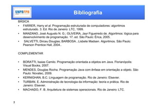 Bibliografia
    BÁSICA
    • FARRER, Harry et al. Programação estruturada de computadores: algoritmos
       estruturado. 3. Ed. Rio de Janeiro: LTC, 1999.
    • MANZANO, José Augusto N. G.; OLIVEIRA, Jayr Figueiredo de. Algoritmos: lógica para
       desenvolvimento de programação. 17. ed. São Paulo: Érica, 2005.
    •   SALVETTI, Dirceu Douglas; BARBOSA , Lisbete Madsen. Algoritmos. São Paulo:
       Pearson Prentice Hall, 2004..

    COMPLEMENTAR

    •   BORATTI, Isaias Camilo. Programação orientada a objetos em Java. Florianópolis:
        Visual Books, 2007.
    •   MENDES, Douglas Rocha. Programação Java com ênfase em orientação a objeto. São
        Paulo: Novatec, 2009.
    •   KERNIGHAN, B.C. Linguagem de programação. Rio de Janeiro: Elsevier.
    •   TURBAN. E. Administração de tecnologia da informação: teoria e prática. Rio de
        Janeiro: Elsevier.
    •   MACHADO, F. B. Arquitetura de sistemas operacionais. Rio de Janeiro: LTC.



7
 