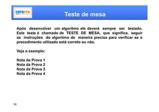 Teste de mesa

     Após desenvolver um algoritmo ele deverá sempre ser testado.
     Este teste é chamado de TESTE DE MESA, que significa, seguir
     as instruções do algoritmo de maneira precisa para verificar se o
     procedimento utilizado está correto ou não.

     Veja o exemplo:

     Nota da Prova 1
     Nota da Prova 2
     Nota da Prova 3
     Nota da Prova 4




11
 