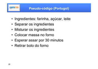 Pseudo-código (Portugol)


     •   Ingredientes: farinha, açúcar, leite
     •   Separar os ingredientes
     •   Misturar os ingredientes
     •   Colocar massa no forno
     •   Esperar assar por 30 minutos
     •   Retirar bolo do forno



31
 