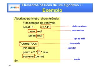 Elementos básicos de um algoritmo ::
                                Exemplo
     Algoritmo perimetro_circunferência
             // declaração de variáveis
                                              dado constante
             const PI      = 3,1415
                   raio: real                 dado variável

                  perim: real
                                                tipo de dado

           // comandos                      comentário

             leia (raio)                  operador

             perim = 2 * PI * raio
             escrever (perim)
                                               função
     fim
36
 