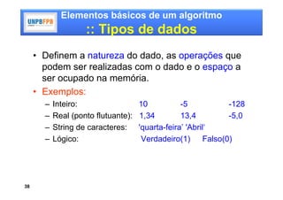 Elementos básicos de um algoritmo
                    :: Tipos de dados
     • Definem a natureza do dado, as operações que
       podem ser realizadas com o dado e o espaço a
       ser ocupado na memória.
     • Exemplos:
       –   Inteiro:                10         -5             -128
       –   Real (ponto flutuante): 1,34       13,4           -5,0
       –   String de caracteres: 'quarta-feira’ 'Abril‘
       –   Lógico:                 Verdadeiro(1)      Falso(0)




38
 