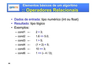 Elementos básicos de um algoritmo
            :: Operadores Relacionais
     • Dados de entrada: tipo numérico (int ou float)
     • Resultado: tipo lógico
     • Exemplos:
       – cond1 ←      2 = 3;
       – cond2 ←      1.6 <> 5.0;
       – cond3 ←      1 > 5;
       – cond4 ←      (1 + 2) < 5;
       – cond5 ←      10 >= 3;
       – cond6 ←      1 <= (– 4 / 3);


44
 