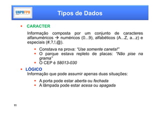 Tipos de Dados

        CARACTER
         Informação composta por um conjunto de caracteres
         alfanuméricos  numéricos (0...9), alfabéticos (A...Z, a...z) e
         especiais (#,?,!,@).
             Constava na prova: “Use somente caneta!”
             O parque estava repleto de placas: “Não pise na
              grama”
             O CEP é 58013-030
      LÓGICO
        Informação que pode assumir apenas duas situações:
             A porta pode estar aberta ou fechada
             A lâmpada pode estar acesa ou apagada



11
 