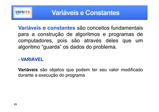 Variáveis e Constantes

     Variáveis e constantes são conceitos fundamentais
     para a construção de algoritmos e programas de
     computadores, pois são através deles que um
     algoritmo “guarda” os dados do problema.

     - VARIÁVEL

     Variáveis são objetos que podem ter seu valor modificado
     durante a execução do programa




13
 