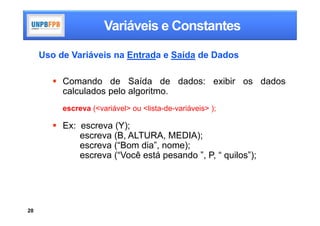 Variáveis e Constantes

     Uso de Variáveis na Entrada e Saída de Dados

         Comando de Saída de dados: exibir os dados
          calculados pelo algoritmo.
          escreva (<variável> ou <lista-de-variáveis> );

         Ex: escreva (Y);
              escreva (B, ALTURA, MEDIA);
              escreva (“Bom dia”, nome);
              escreva (“Você está pesando ”, P, “ quilos”);




20
 