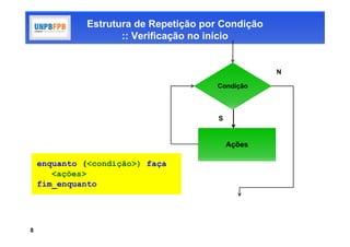 Estrutura de Repetição por Condição
                     :: Verificação no início


                                                    N

                                       Condição



                                        S


                                            Ações

    enquanto (<condição>) faça
       <ações>
    fim_enquanto




8
 