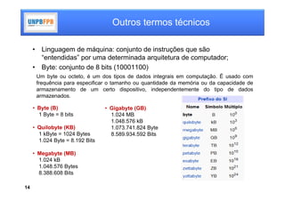 Outros termos técnicos

     •    Linguagem de máquina: conjunto de instruções que são
          “entendidas” por uma determinada arquitetura de computador;
     •    Byte: conjunto de 8 bits (10001100)
         Um byte ou octeto, é um dos tipos de dados integrais em computação. É usado com
         frequência para especificar o tamanho ou quantidade da memória ou da capacidade de
         armazenamento de um certo dispositivo, independentemente do tipo de dados
         armazenados.

     • Byte (B)                   • Gigabyte (GB)
       1 Byte = 8 bits              1.024 MB
                                    1.048.576 kB
     • Quilobyte (KB)               1.073.741.824 Byte
       1 kByte = 1024 Bytes         8.589.934.592 Bits
       1.024 Byte = 8.192 Bits

     • Megabyte (MB)
       1.024 kB
       1.048.576 Bytes
       8.388.608 Bits

14
 