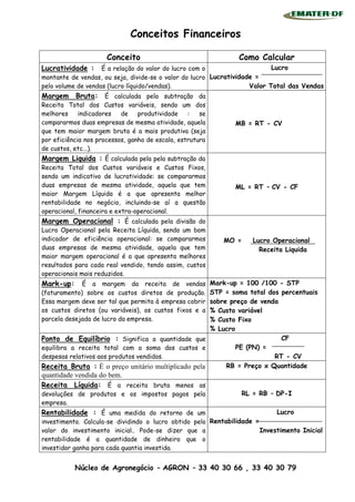 Conceitos Financeiros

                      Conceito                                 Como Calcular
Lucratividade :     É a relação do valor do lucro com o                    Lucro
montante de vendas, ou seja, divide-se o valor do lucro Lucratividade =
pelo volume de vendas (lucro líquido/vendas).                       Valor Total das Vendas
Margem Bruta: É calculada pela subtração da
Receita Total dos Custos variáveis, sendo um dos
melhores     indicadores   de    produtividade    :   se
compararmos duas empresas de mesma atividade, aquela          MB = RT - CV
que tem maior margem bruta é a mais produtiva (seja
por eficiência nos processos, ganho de escala, estrutura
de custos, etc...).
Margem Liquida : É calculada pela pela subtração da
Receita Total dos Custos variáveis e Custos Fixos,
sendo um indicativo de lucratividade: se compararmos
duas empresas de mesma atividade, aquela que tem              ML = RT – CV - CF
maior Margem Líquida é a que apresenta melhor
rentabilidade no negócio, incluindo-se aí a questão
operacional, financeira e extra-operacional.
Margem Operacional : É calculada pela divisão do
Lucro Operacional pela Receita Líquida, sendo um bom
indicador de eficiência operacional: se compararmos        MO =     Lucro Operacional
duas empresas de mesma atividade, aquela que tem                      Receita Liquida
maior margem operacional é a que apresenta melhores
resultados para cada real vendido, tendo assim, custos
operacionais mais reduzidos.
Mark-up:     É a margem da receita de vendas         Mark-up = 100 /100 - STP
(faturamento) sobre os custos diretos de produção.   STP = soma total dos percentuais
Essa margem deve ser tal que permita à empresa cobrirsobre preço de venda
os custos diretos (ou variáveis), os custos fixos e a% Custo variável
parcela desejada de lucro da empresa.                % Custo Fixo
                                                     % Lucro
Ponto de Equilíbrio : Significa a quantidade que                          CF
equilibra a receita total com a soma dos custos e            PE (PN) =
despesas relativos aos produtos vendidos.                               RT - CV
Receita Bruta : É o preço unitário multiplicado pela      RB = Preço x Quantidade
quantidade vendida do bem.
Receita Líquida: É a receita bruta menos as
devoluções de produtos e os impostos pagos pela                 RL = RB – DP-I
empresa.
Rentabilidade : É uma medida do retorno de um                               Lucro
investimento. Calcula-se dividindo o lucro obtido pelo Rentabilidade =
valor do investimento inicial.. Pode-se dizer que a                    Investimento Inicial
rentabilidade é a quantidade de dinheiro que o
investidor ganha para cada quantia investida.


           Núcleo de Agronegócio – AGRON – 33 40 30 66 , 33 40 30 79
 