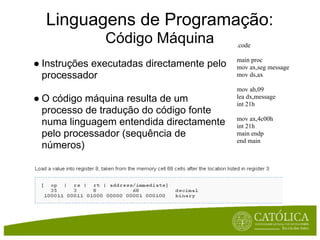 Linguagens de Programação:
               Código Máquina               .code

                                            main proc
● Instruções executadas directamente pelo   mov ax,seg message
  processador                               mov ds,ax

                                            mov ah,09
● O código máquina resulta de um            lea dx,message
                                            int 21h
  processo de tradução do código fonte
                                            mov ax,4c00h
  numa linguagem entendida directamente     int 21h
  pelo processador (sequência de            main endp
                                            end main
  números)
 