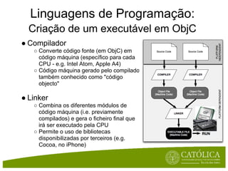 Linguagens de Programação:
  Criação de um executável em ObjC
● Compilador
   ○ Converte código fonte (em ObjC) em
     código máquina (específico para cada
     CPU - e.g. Intel Atom, Apple A4)
   ○ Código máquina gerado pelo compilador
     também conhecido como "código
     objecto"

● Linker
   ○ Combina os diferentes módulos de
     código máquina (i.e. previamente
     compilados) e gera o ficheiro final que
     irá ser executado pela CPU
   ○ Permite o uso de bibliotecas
     disponibilizadas por terceiros (e.g.
     Cocoa, no iPhone)
 
