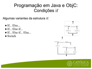 Programação em Java e ObjC:
                              Condições if
Algumas variantes da estrutura if:

 ● If... Else...
 ● If... Else if...
 ● If... Else if... Else...
 ● Switch
 