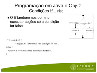Programação em Java e ObjC:
                           Condições if... else...
    ● O if também nos permite
      executar acções se a condição
      for falsa


if (<condição>) {
            <acções A> //executado se a condição for true...
} else {
    <acções B> //executado se a condição for false...
}
 