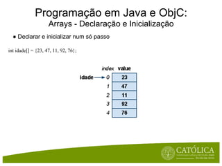 Programação em Java e ObjC:
                    Arrays - Declaração e Inicialização
  ● Declarar e inicializar num só passo

int idade[] = {23, 47, 11, 92, 76};
 