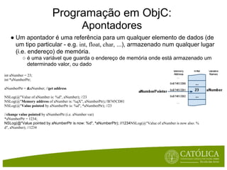 Programação em ObjC:
                                           Apontadores
   ● Um apontador é uma referência para um qualquer elemento de dados (de
     um tipo particular - e.g. int, float, char, ...), armazenado num qualquer lugar
     (i.e. endereço) de memória.
          ○ é uma variável que guarda o endereço de memória onde está armazenado um
            determinado valor, ou dado

int aNumber = 23;
int *aNumberPtr;

aNumberPtr = &aNumber; //get address

NSLog(@"Value of aNumber is: %d", aNumber); //23
NSLog(@"Memory address of aNumber is: %qX", aNumberPtr);//B745CD81
NSLog(@"Value pointed by aNumberPtr is: %d", *aNumberPtr); //23

//change value pointed by aNumberPtr (i.e. aNumber var)
*aNumberPtr = 1234;
NSLog(@"Value pointed by aNumberPtr is now: %d", *aNumberPtr); //1234NSLog(@"Value of aNumber is now also: %
d", aNumber); //1234
 