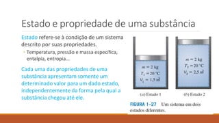 Estado e propriedade de uma substância
Estado refere-se à condição de um sistema
descrito por suas propriedades.
◦ Temperatura, pressão e massa específica,
entalpia, entropia...
Cada uma das propriedades de uma
substância apresentam somente um
determinado valor para um dado estado,
independentemente da forma pela qual a
substância chegou até ele.
 